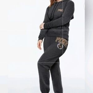 RARE/HTF VS PINK Rose Gold Sequin Bling Sherpa Lined Hoodie & Classic Pant Small